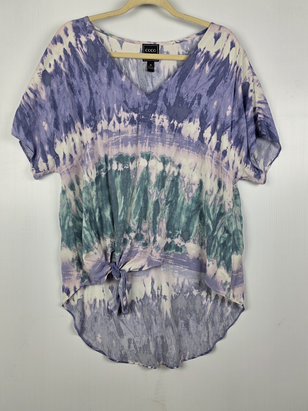 Coco Bianco Lavender, Green and Cream Tie-Dye V-Neck Knot Top